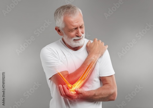 Senior man with elbow pain shown in stylized X-ray view