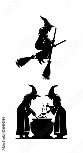 Silhouetted witches flying on brooms and stirring a cauldron.