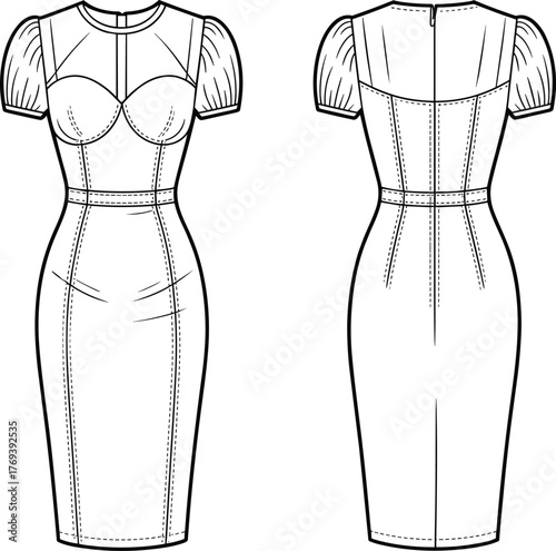 Fitted puff-sleeve dress fashion flat, sweetheart neckline, princess seams, back zipper, front and back view garment construction sketch illustration