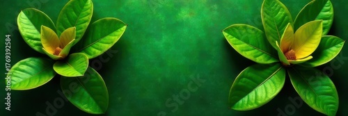 Golden accents on lush green magnolia leaves, metallic texture background, gold, image