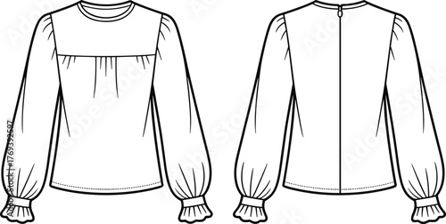 Gathered yoke blouse fashion flat, long puff sleeves with ruffled cuffs, front and back view garment construction sketch illustration