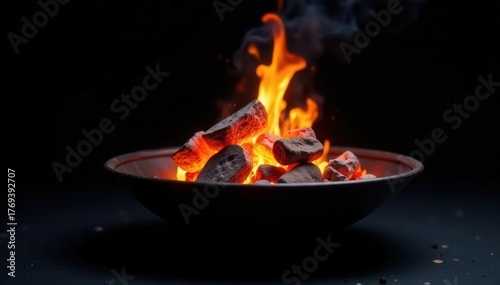 Metal fire pit, glowing coals, stark black backdrop, round, fire pit