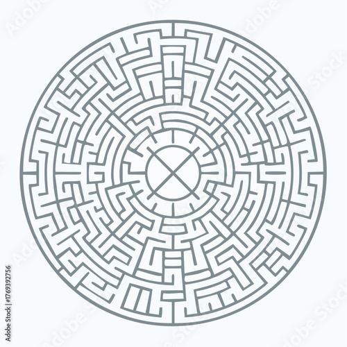 Intricate circular maze design presenting a challenging path to resolution and guidance
