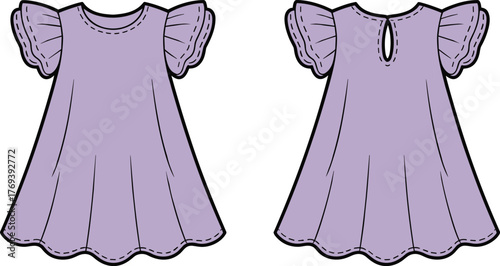 Girl’s lavender dress illustration, puff sleeves, keyhole back, gathered skirt, children’s fashion sketch, pleated detail, front and back view vector