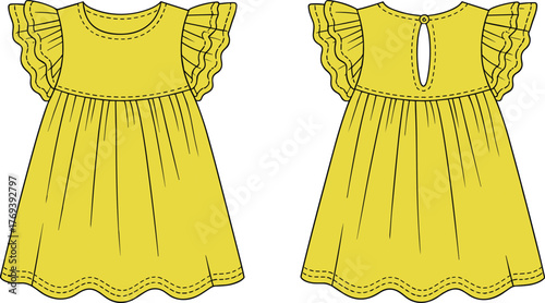 Girl’s yellow dress illustration, ruffle sleeves, scalloped hem, keyhole back, gathered skirt, children’s fashion sketch, front and back view vector