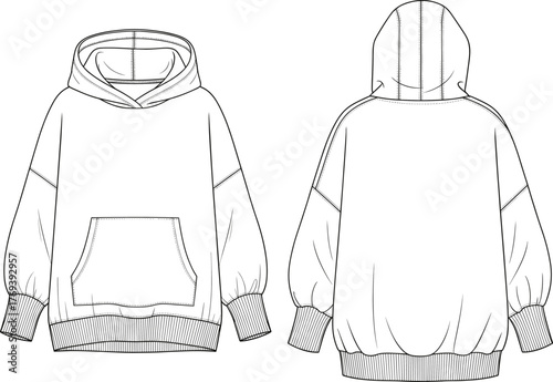 Hoodie flat sketch front and back view, technical fashion drawing with kangaroo pocket, ribbed cuffs, puffed sleeves, hood seam, apparel garment construction vector illustration
