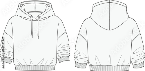 Hoodie technical flat sketch, front and back view, fashion design template, drawstring hood, ribbed cuff and hem, long sleeve garment illustration