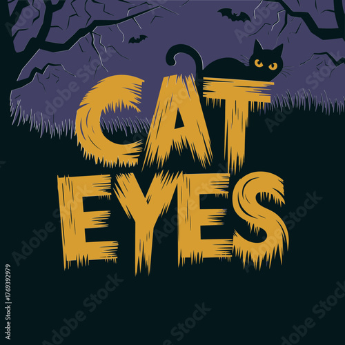 Spooky black cat with glowing eyes and cat eyes text halloween theme isolated on transparent background