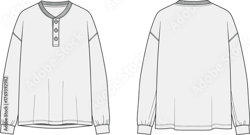 Long sleeve henley shirt, fashion flat sketch, technical garment drawing, apparel design, vector template, clothing illustration, ribbed collar, relaxed fit