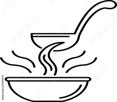 Simple black and white line art soup ladle illustration