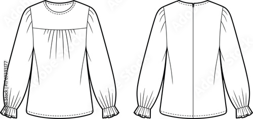 Long-sleeved blouse fashion flat, gathered yoke, voluminous sleeves, ruffled cuffs, round neckline, front and back garment construction sketch illustration