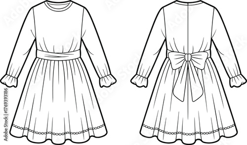 Long-sleeved dress fashion flat, gathered skirt, waistband with bow, ruffled cuffs, scalloped hem, front and back garment construction sketch illustration