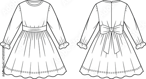 Long-sleeved dress fashion flat, gathered skirt, wide waistband with bow, ruffled cuffs, scalloped hem, front and back garment sketch illustration