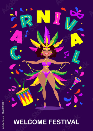 carnival vertical poster, card, banner, mascaraed, Mardi Gras, dance, creative vector illustration