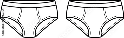 Men’s briefs underwear fashion flat, front view technical sketch, waistband and seam detail, symmetrical garment construction illustration for apparel design