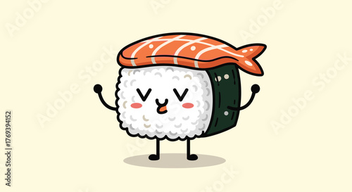 Adorable cartoon sushi roll character wearing a piece of salmon as a hat, looking happy on a light background.
