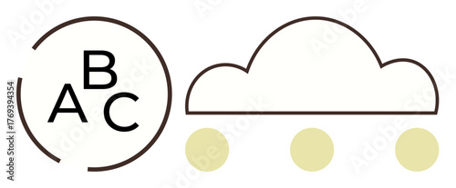 Letters A, B, C inside circular border beside a minimal cloud shape with three dots beneath. Ideal for education, learning systems, creativity, communication, technology, innovation and simplicity