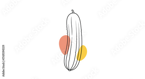 Simple black line art illustration of a whole green cucumber highlighted by soft abstract color elements on a white backdrop.
