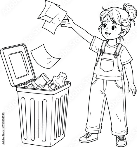 Happy child throwing paper into a trash can, simple line art illustration for recycling, waste management, cleanliness, and environmental education concepts.