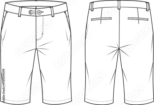 Men’s tailored shorts technical flat sketch, front and back view, belt loops, welt pockets, zipper fly, structured seams, fashion design vector template