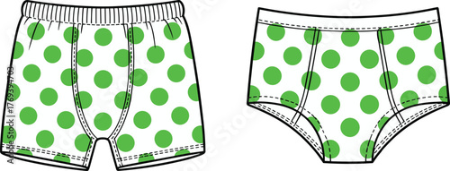 Men’s underwear fashion flat, green polka dot boxer briefs and briefs comparison, front view garment construction sketch illustration