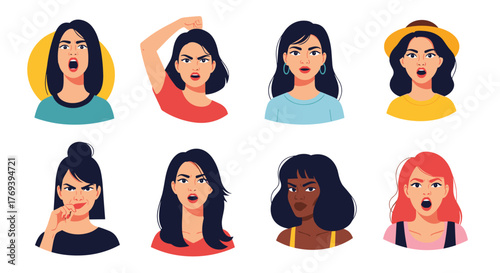 A collection of diverse women expressing feelings of anger, frustration, and disapproval through various facial expressions and gestures.