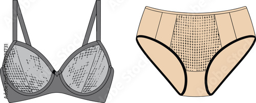 Mesh lingerie set vector, bra and panties with patterned panels, adjustable straps, black trim, fashion flat sketch, garment construction illustration