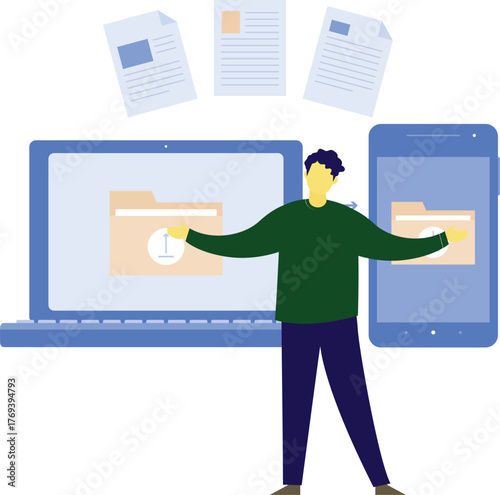 The boy is converting data mobile to laptop