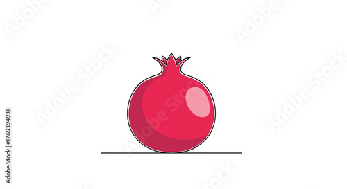 A stylized red pomegranate with a simple design, resting on a line against a white background.