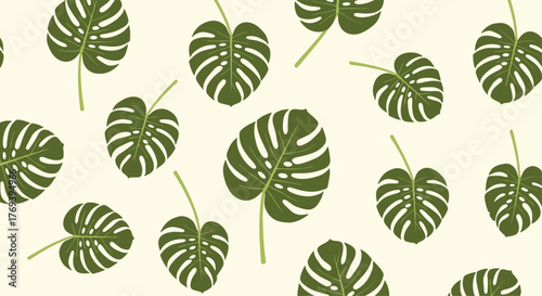 Seamless botanical pattern featuring scattered green monstera leaves on a light cream background.