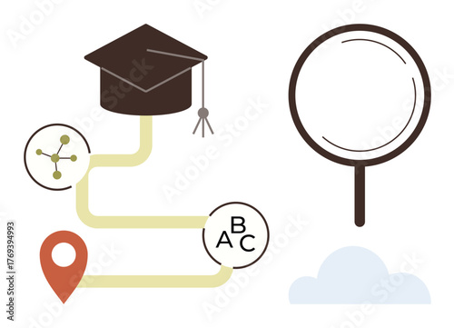 Graduation cap, location pin, network icon, letters A B C, yellow path, magnifying glass, and cloud. Ideal for education, growth exploration navigation learning research and career planning