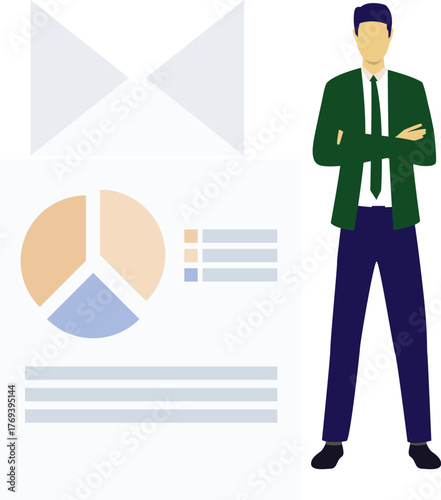 The boy is looking at pie chart document.