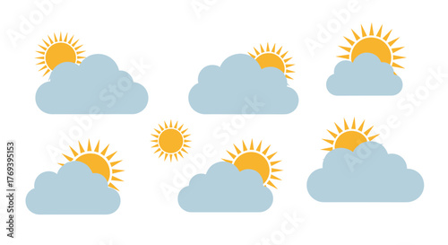 A seamless pattern of bright yellow suns and light blue clouds representing various weather conditions from clear skies to partly cloudy days.