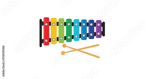 A vibrant, eight-bar toy xylophone with two wooden mallets, perfect for children to learn and play music.