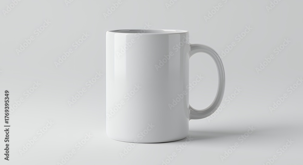 Fototapeta premium White ceramic mug with handle on white background.