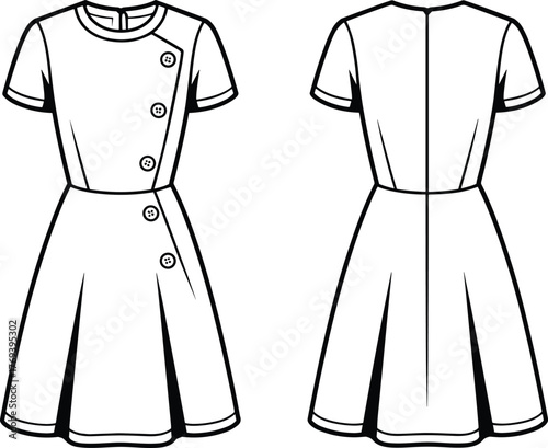 Pleated dress fashion flat, short sleeves, asymmetrical button placket, fitted bodice, round neckline, front and back view garment sketch illustration