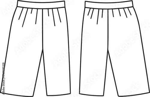 Pleated pants fashion flat sketch, front and back view, technical garment drawing vector with waistband, straight-leg design, casualwear apparel construction details