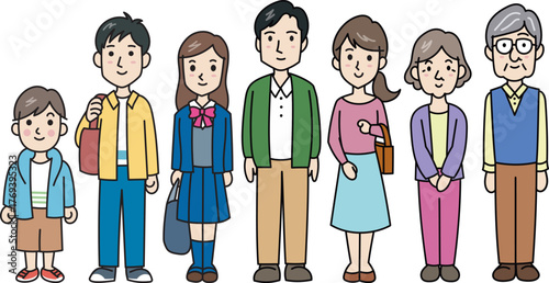 人物素材　仲の良いほのぼの5人家族　