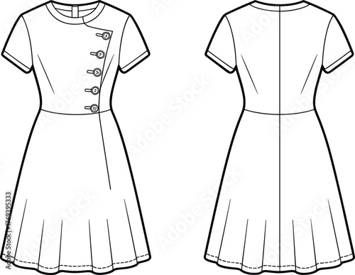 Pleated dress fashion flat, short sleeves, diagonal button loops, round neckline, fitted bodice, front and back view garment construction sketchPleated dress fashion flat, short sleeves, diagonal butt