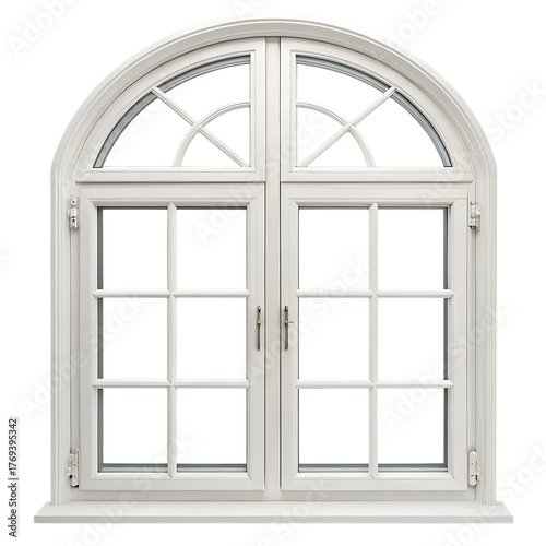 White arched double casement window with grid panes and handles, architectural detail