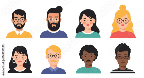 Diverse collection of flat design avatars featuring men and women with varied hairstyles, facial hair, skin tones, and eyeglasses.