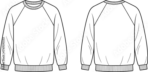 Raglan sweatshirt fashion flat, crew neckline, long sleeves, ribbed cuffs and hem, front and back view garment construction sketch illustration