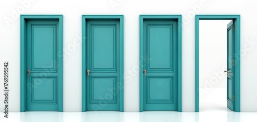 Three teal doors are closed and one door stands open on a white wall. Concept represents choice new beginnings opportunity and different ways. Decision making path.