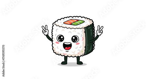 A cute cartoon sushi roll character with a happy face makes peace signs with both hands, isolated on a white background.
