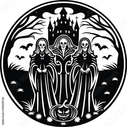 Adobe Illustrator Artwork  “Gothic Art Nouveau Witches in Mystical Night Castle – Black and White Ethereal Vector Illustration”