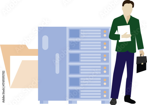 The boy is standing next to the server data