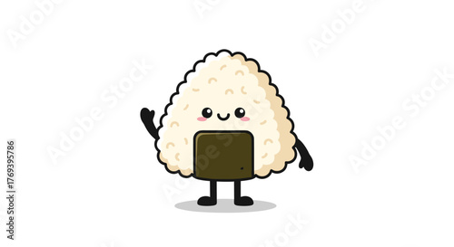 A cute cartoon onigiri character, a Japanese rice ball wrapped in seaweed, stands smiling and waving on a clean white background.