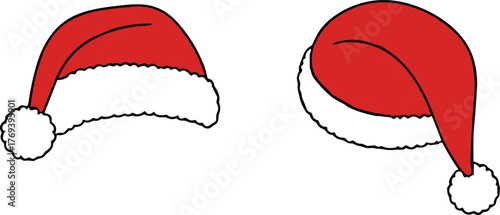 Santa hats vector set, red Christmas headwear with white trim and pom-poms, holiday costume accessory illustration, festive seasonal clipart design