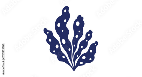 Stylized dark blue marine plant illustration with white dots, depicting an abstract underwater flora design on a clean white background.