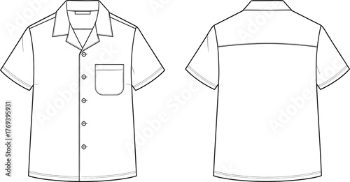 Short-sleeve button-up shirt technical flat sketch, front and back view, notched collar, chest pocket, yoke detail, fashion design vector template